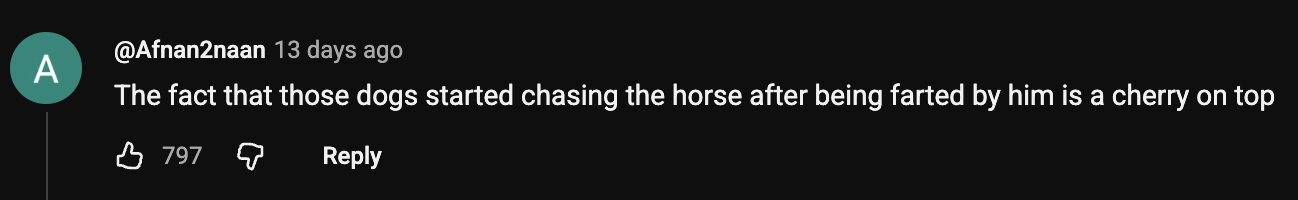 Video screenshot: Dogs chasing the horse